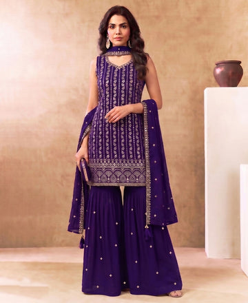 KC Latest Cocktail Wear Purple Chinon Sharara Suit For Women - Dista
