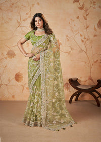 Thumbnail for Green Net Sequence & Cord Embroidered Saree - Mohmanthan Dakshika - Distacart
