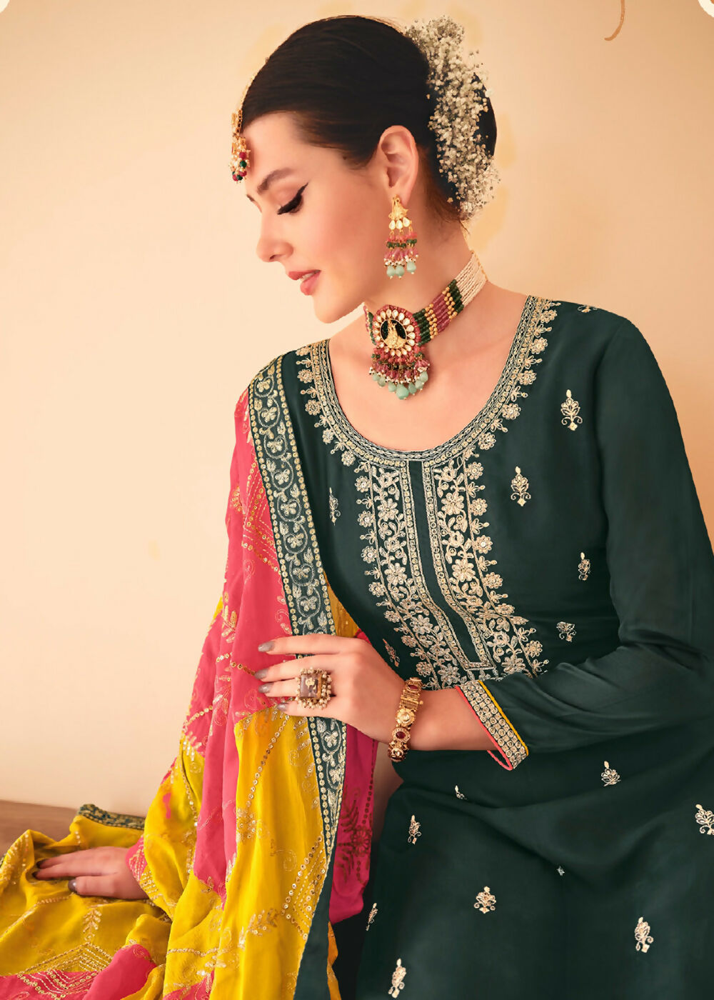 Dazzling Green Embroidered Chinnon Palazzo Salwar Kurta - Emponline - Distacart