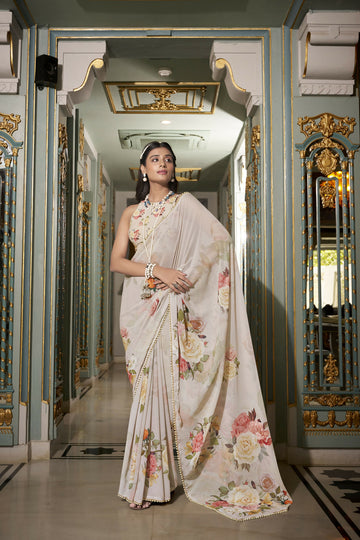 Vastranavya Off White Spectacular Georgette Printed with Pearl Lace Saree with Unstitched Blouse - Distacart