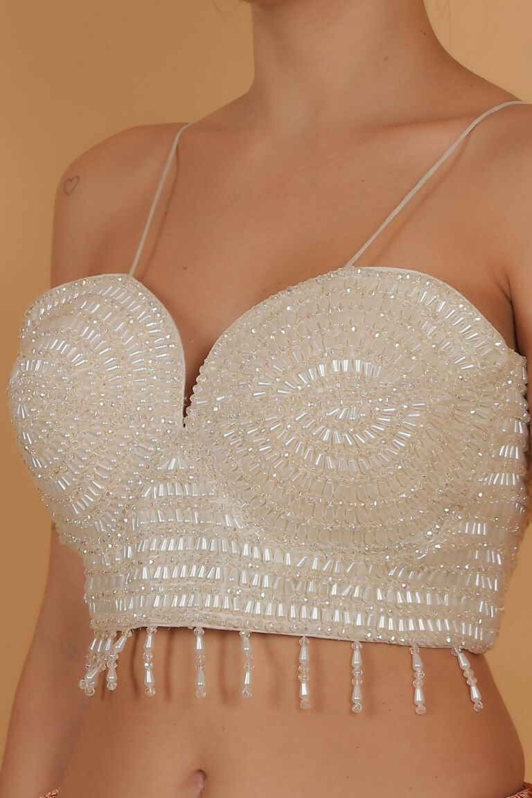 Joban Fashion Silk Pearl And Beads Hand Embroidery Padded Blouse - Pearl White