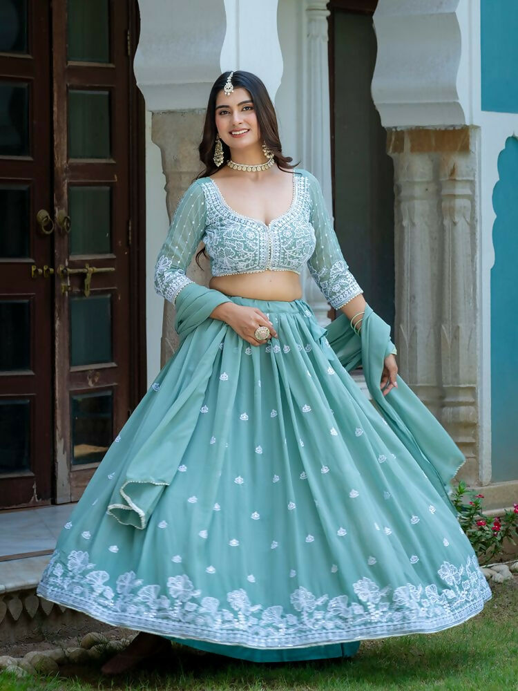Lehenga Mart Sky Green Designer Wedding Wear Lehenga Choli - Dista