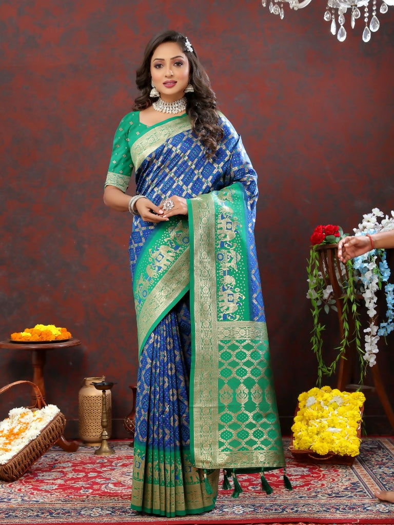 Vastranavya Royal Blue Soft Patola Silk With Meenakari Weaving Motifs And Rich Zari Weaving Pallu Saree With Matching Blouse Fabric - Distacart