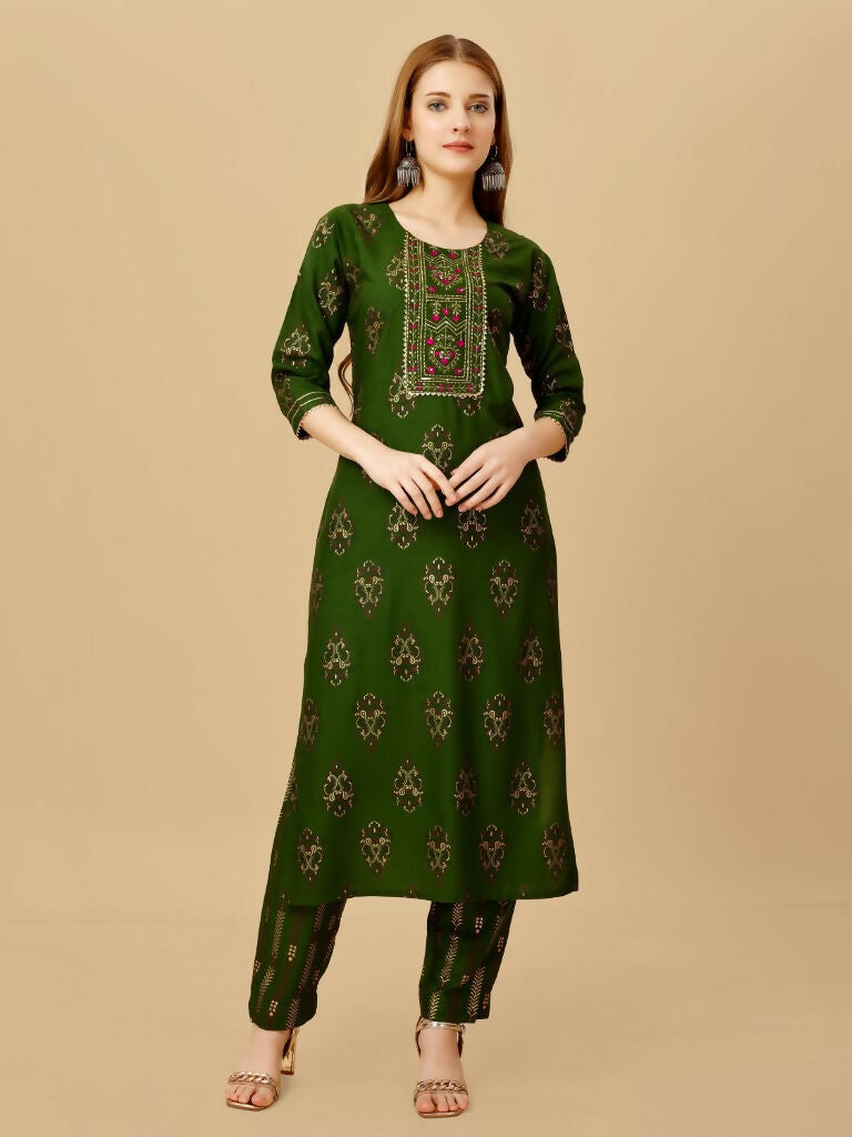 Jyoti Fashion Women's Green Viscose Rayon Embroidered Kurta Pant Set - Distacart