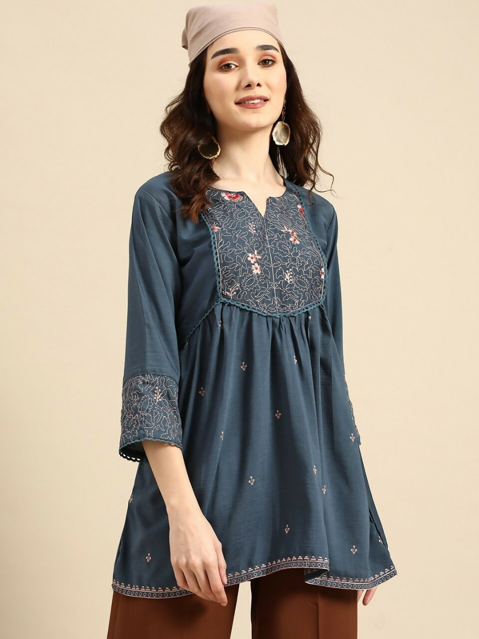Women's Turquoise Blue Viscose blend Embroidered Short Top - Marina - Distacart