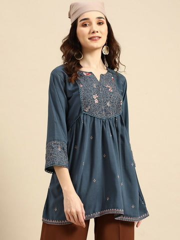 Women's Turquoise Blue Viscose blend Embroidered Short Top - Marina - Distacart