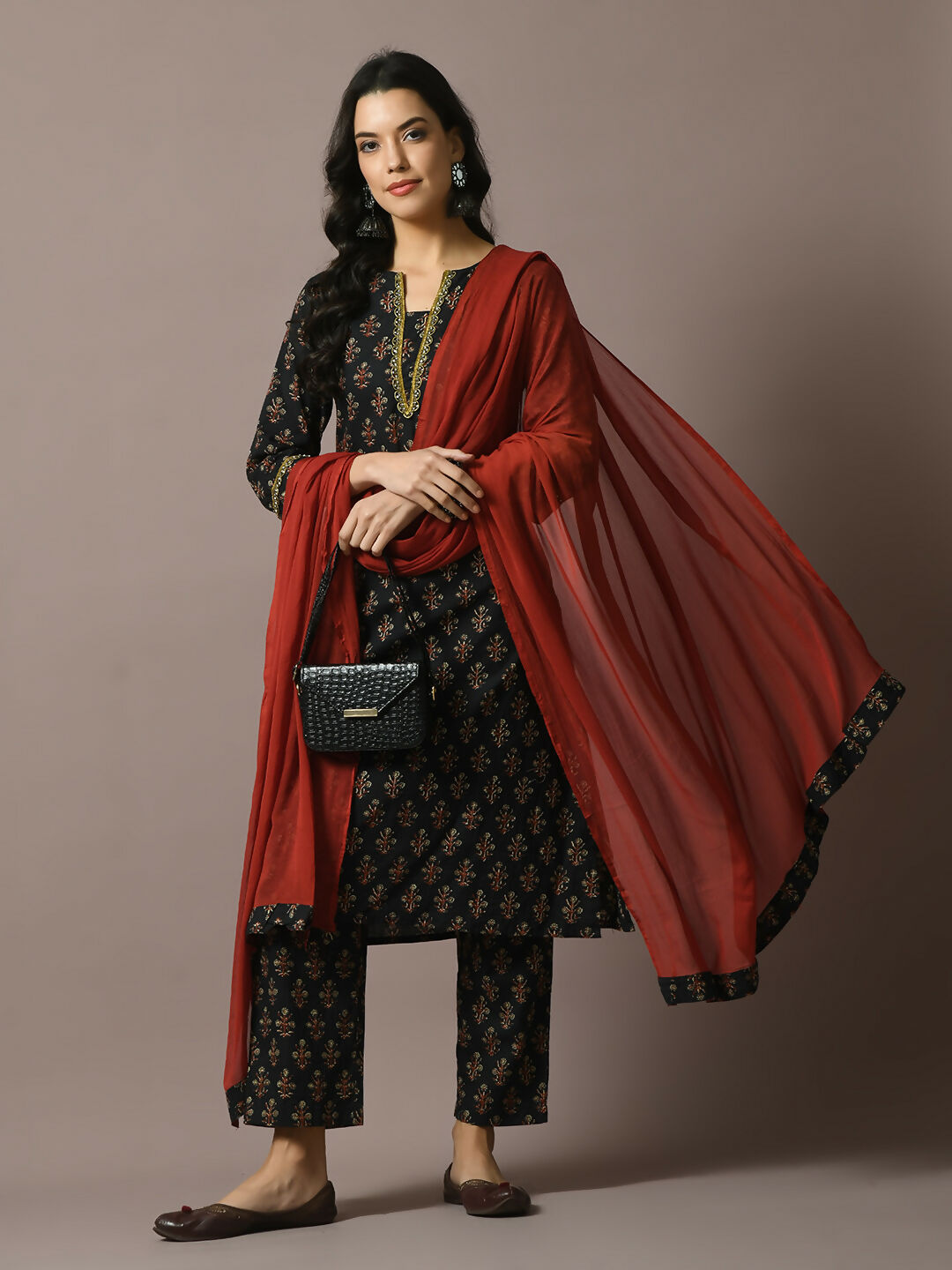 Myshka Women's Black Printed Cotton Straight Party Kurta Set With Dupatta - Distacart