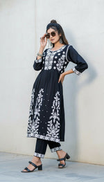 Thumbnail for BulBul Arushi Black Rayon Kurta Set with Lucknowi Work