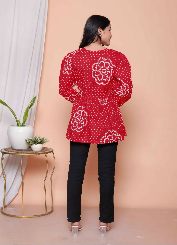 Miravan Womens Red Bandhani Printed Cotton Butterfly Design Top - Dista