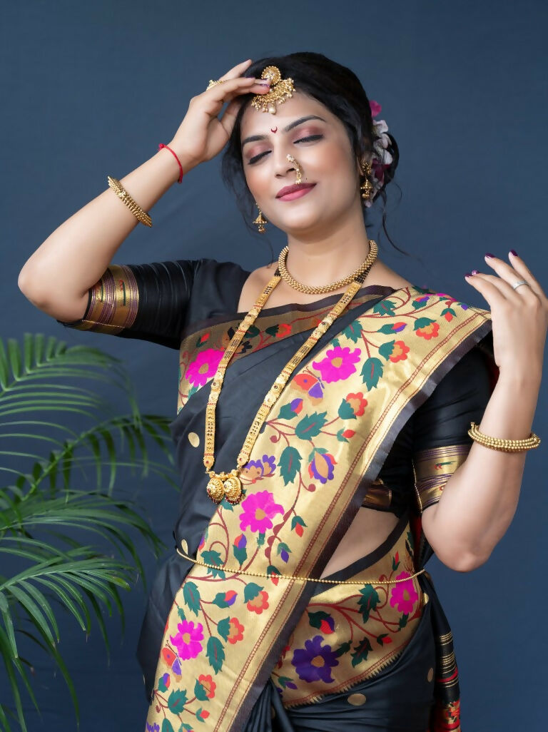 Jyoti Fashion Women's Black Paithani Silk Zari Woven Saree with Blouse - Distacart