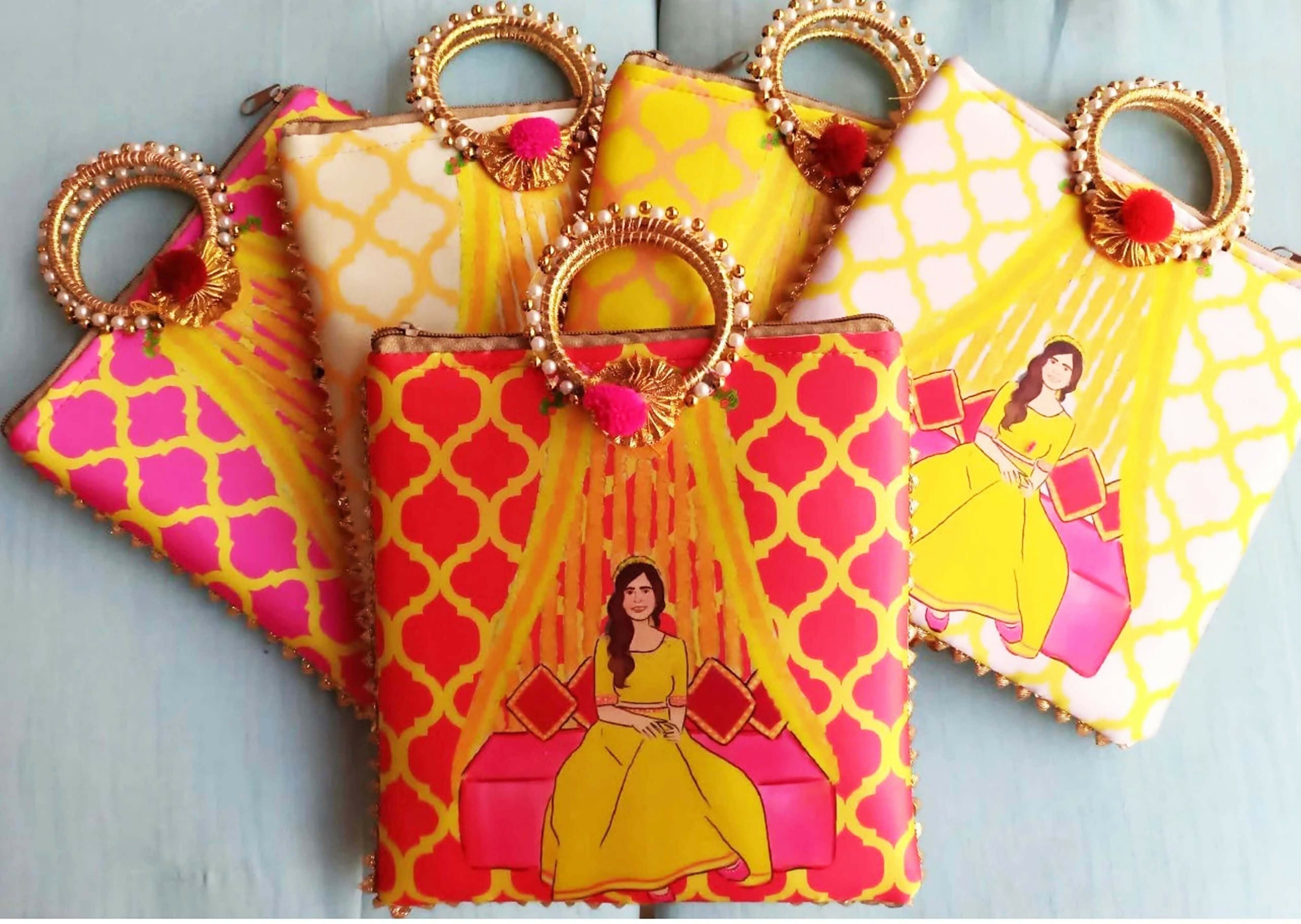 Joban Fashion Bride'S Haldi Wedding Ceremony Print Gift Bags For Wedding & Pooja Ceremony ( Pack Of 5 ) - Multicolor