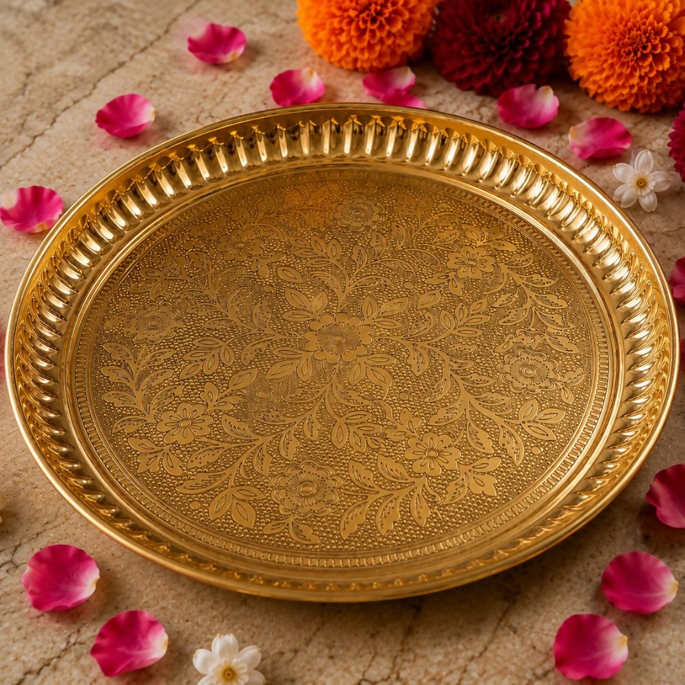 Pure Source India Handmade Flower Embossed Design Brass Puja Thali - Dista