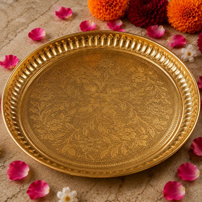 Pure Source India Handmade Flower Embossed Design Brass Puja Thali - Dista