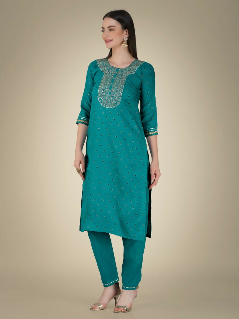Jyoti Fashion Women's Rama Cotton Magic Slub Embroidery & Sequence work Kurta with Trouser & Dupatta - Distacart