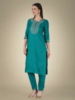 Thumbnail for Jyoti Fashion Women's Rama Cotton Magic Slub Embroidery & Sequence work Kurta with Trouser & Dupatta - Distacart