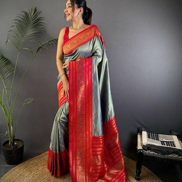 Joban Fashion Banarasi Grey Woven Soft Silk Saree - Distacart