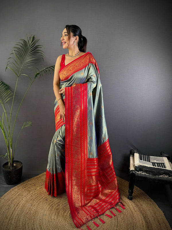 Joban Fashion Banarasi Grey Woven Soft Silk Saree