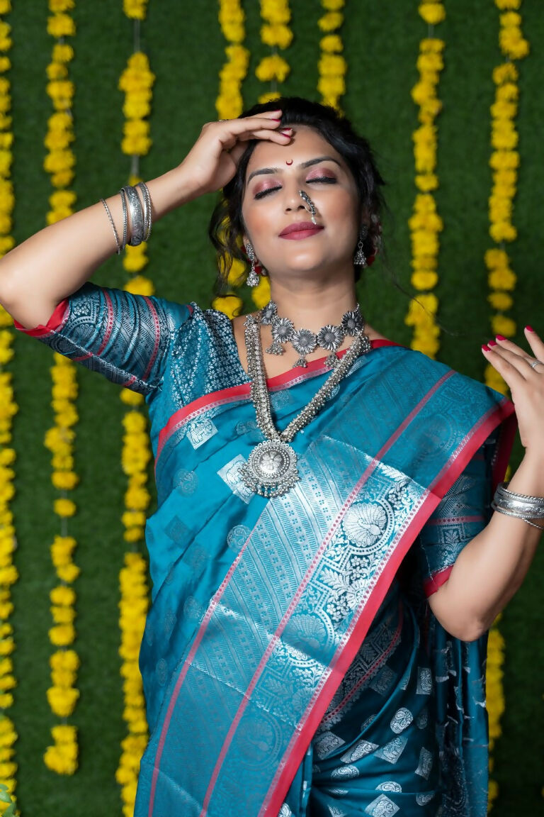 Jyoti Fashion Women's Teal Soft Handloom Silk Zari Woven Saree with Blouse - Distacart