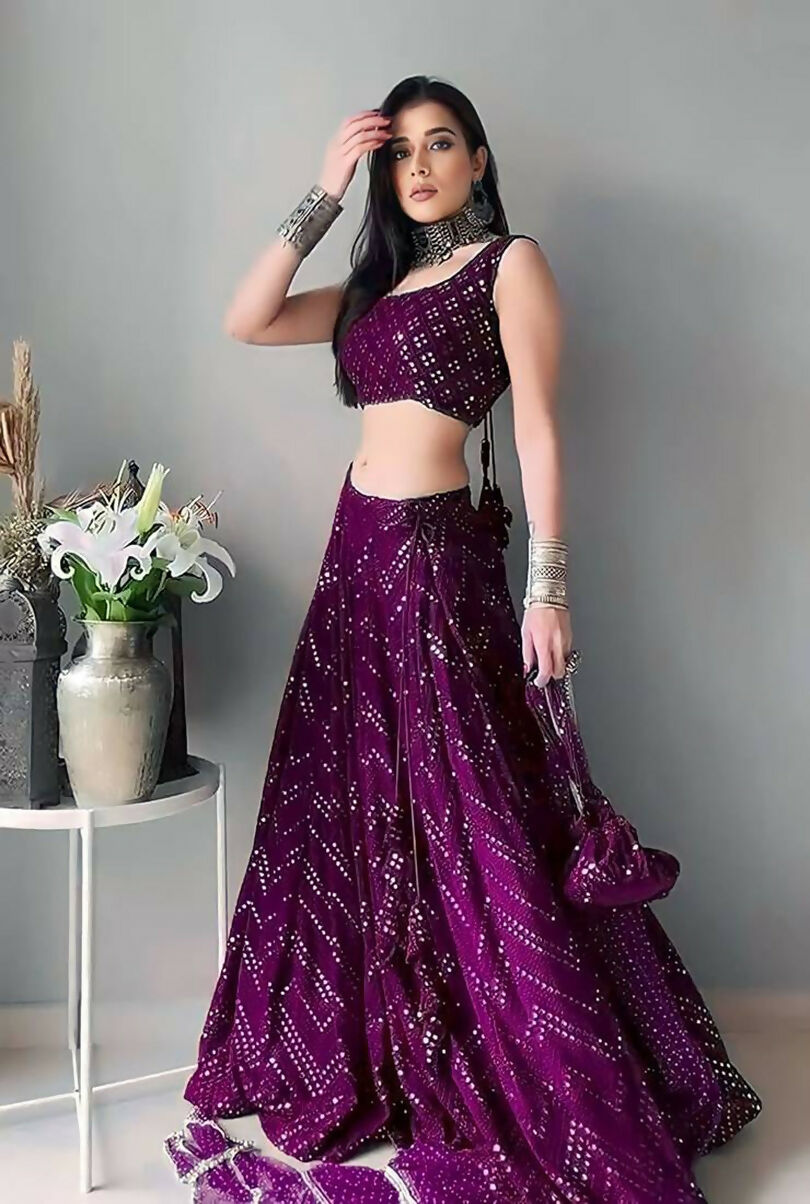 Jyoti Fashion Wine Thread Embroidery Faux Georgette Designer Lehenga Choli with Dupatta - Distacart