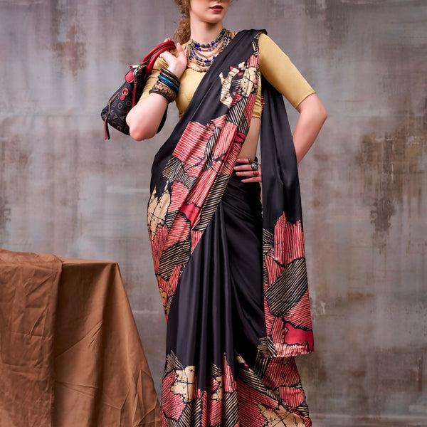 Vastranavya Black Satin Silk Printed Saree with a Natural Silk Unstitched Blouse - Distacart