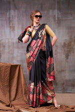 Thumbnail for Vastranavya Black Satin Silk Printed Saree with a Natural Silk Unstitched Blouse - Distacart