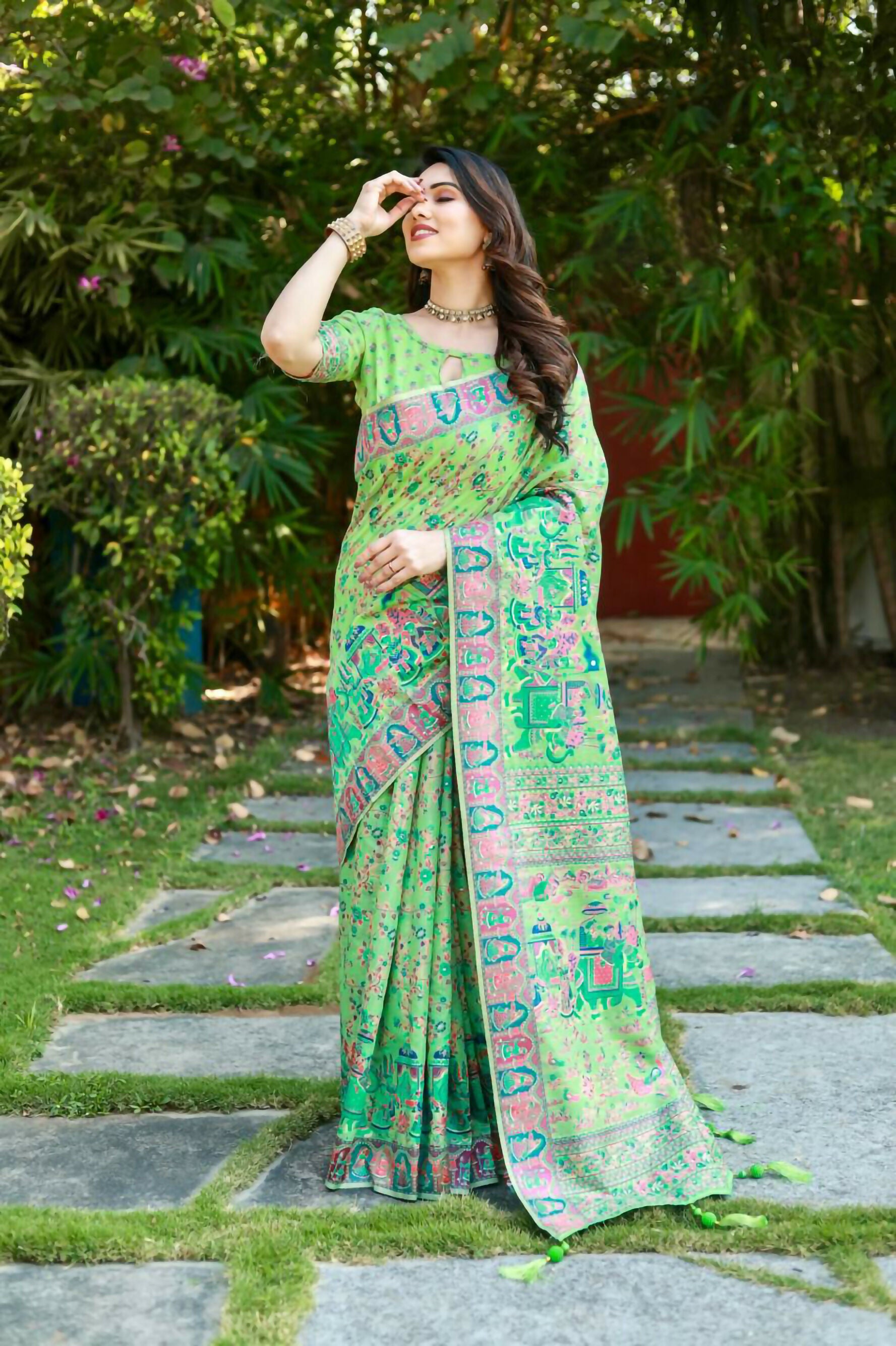 Vastranavya Luxury and Beautiful Soft, Smooth, Flowing Original Pashmina Soft Cotton Saree with Matching Blouse Fabric - Pista - Distacart
