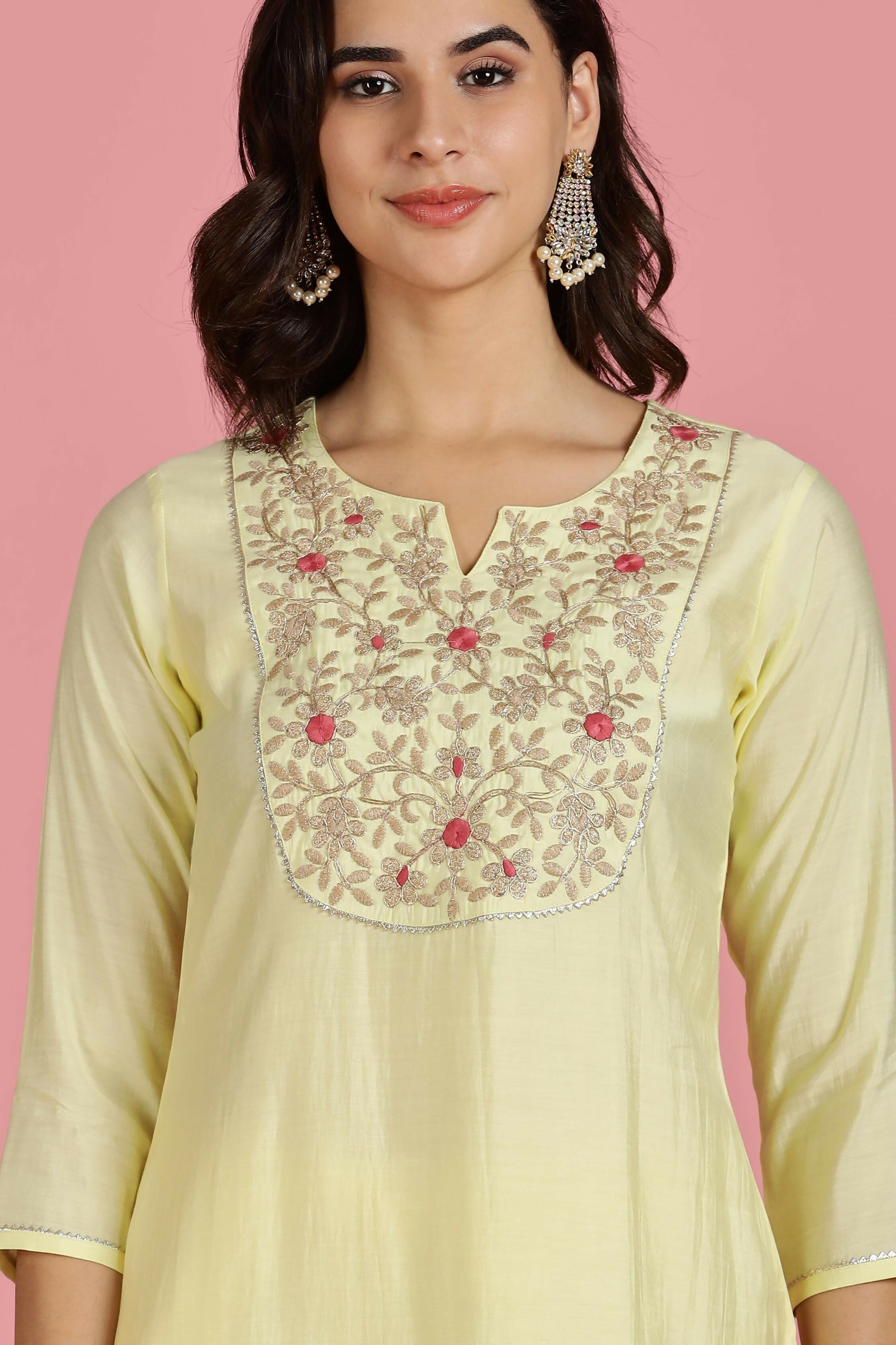 BulBul Women’s Butter Yellow Embroidered Chanderi Kurta Set with Dupatta