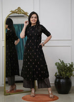 Thumbnail for Teeya Creation Classic Black Cotton Kurta Set With Subtle Embroidery And Printed Palazzos - Dista