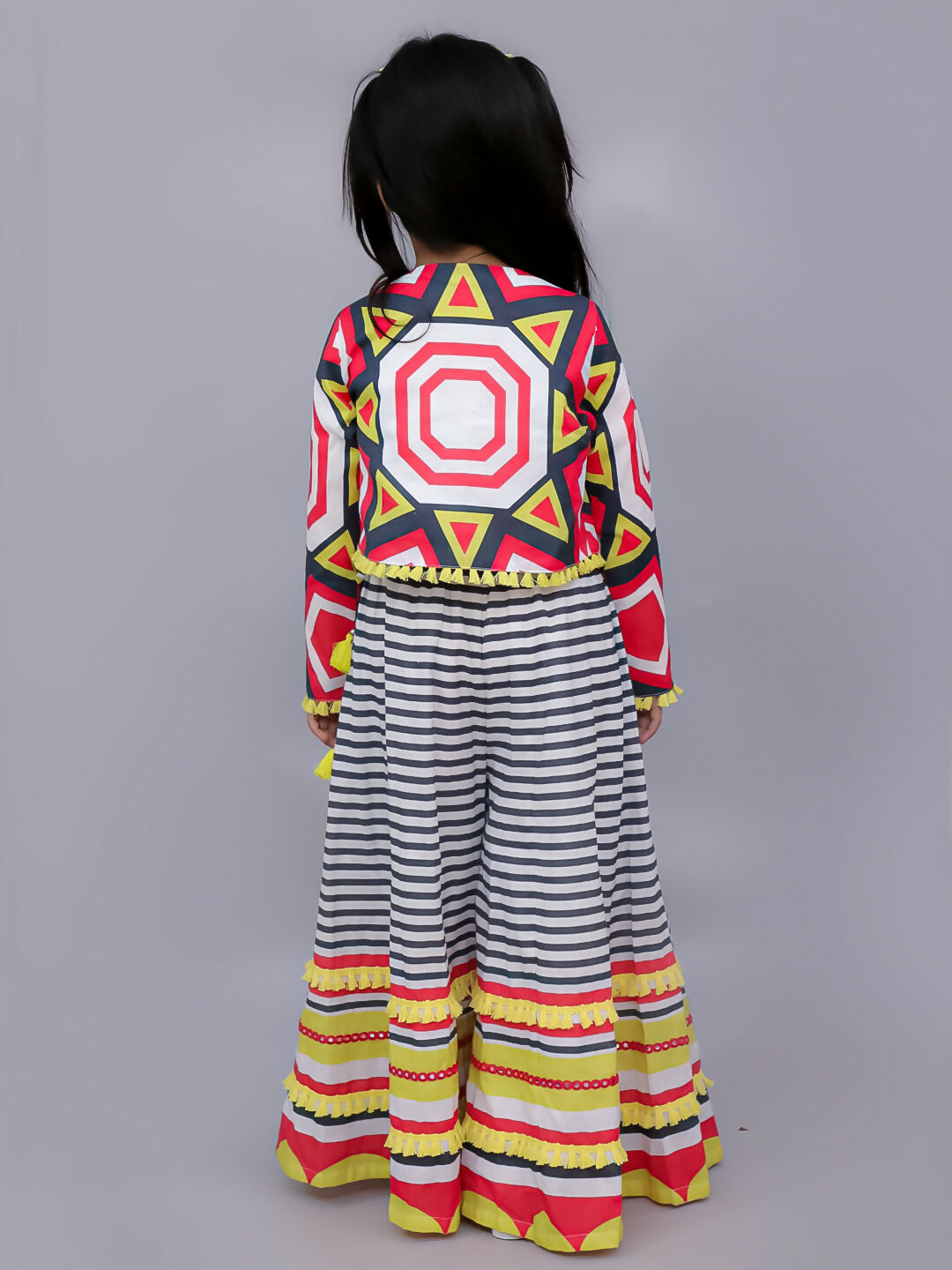 Lil Drama Shor-Gul Multicolor Top Pant with Jacket Set For Girls