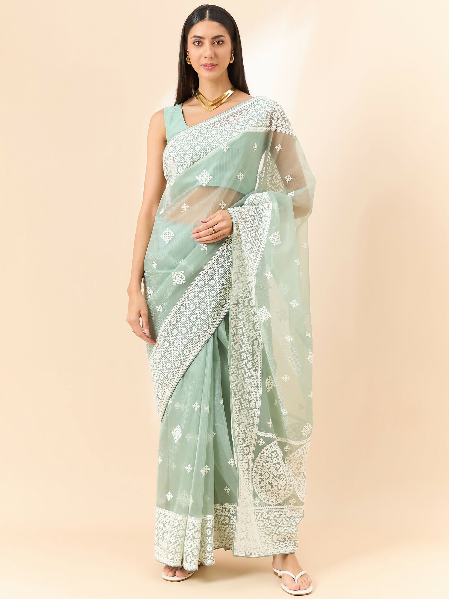 Green Organza Geometric Embroidered Saree with Unstitched Blouse Piece - Roozal - Distacart