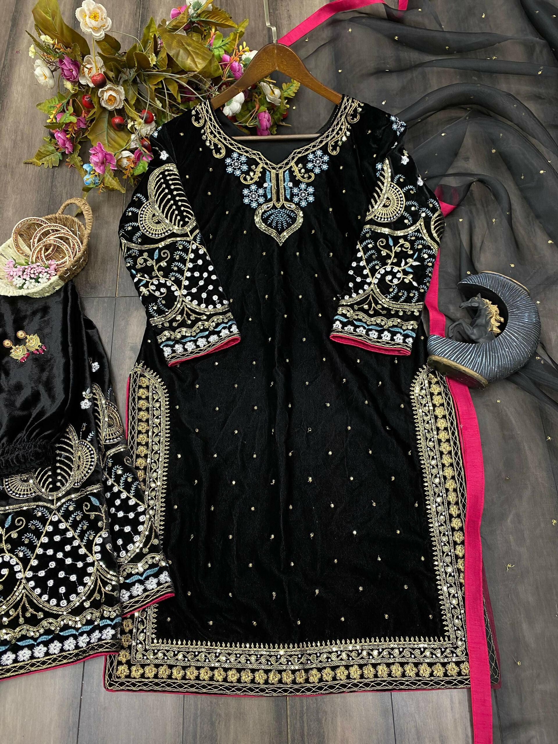 Vastranavya Black Viscose Velvet Cording Sequence Embroidery Work Suit With Dupatta