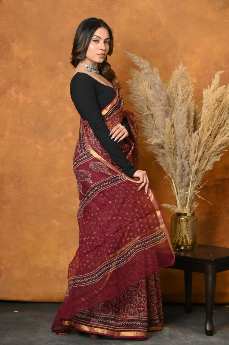 Very Much Indian Pure Kota Cotton Handblock Printed Saree - Red - Distacart