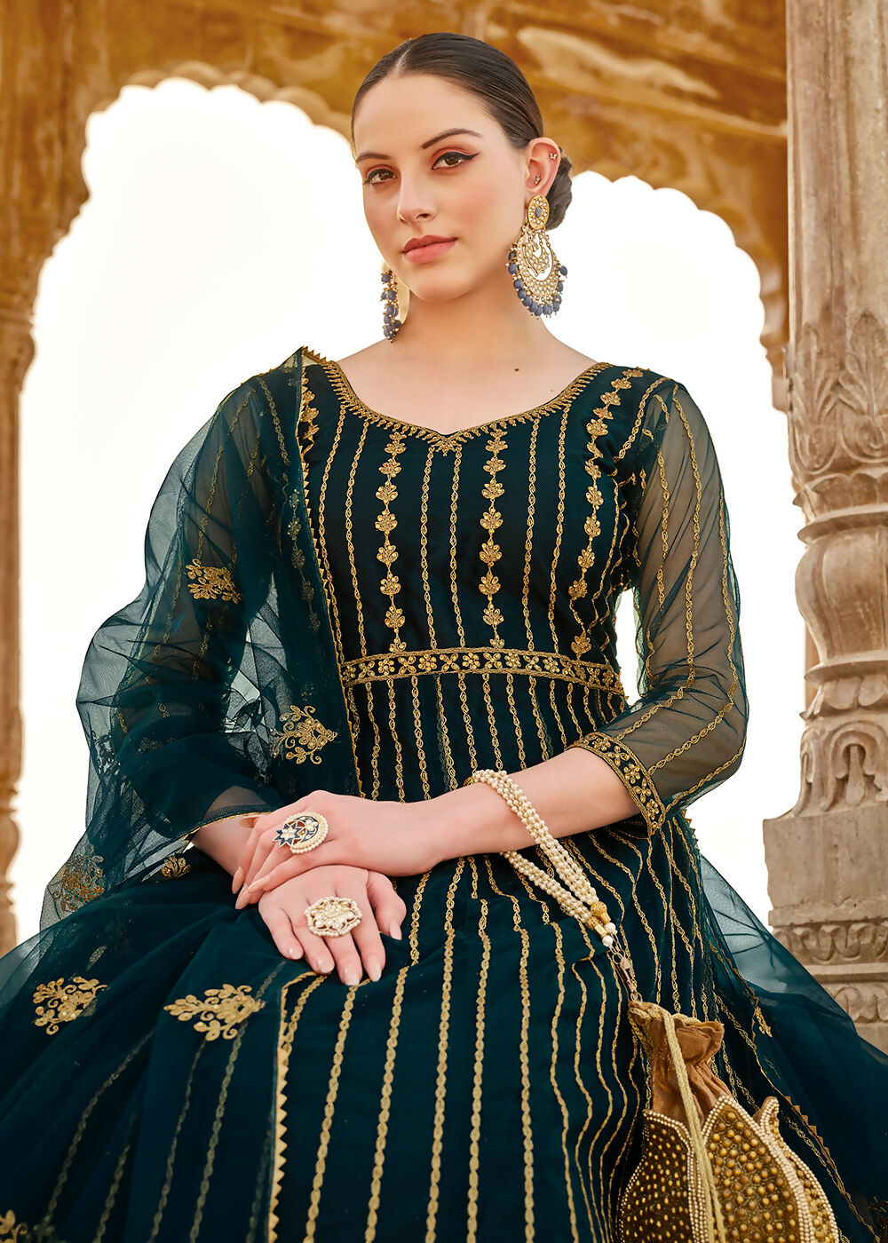 Heavy Stone Embroidered Peacock Blue Designer Anarkali Suit - Emponline - Distacart