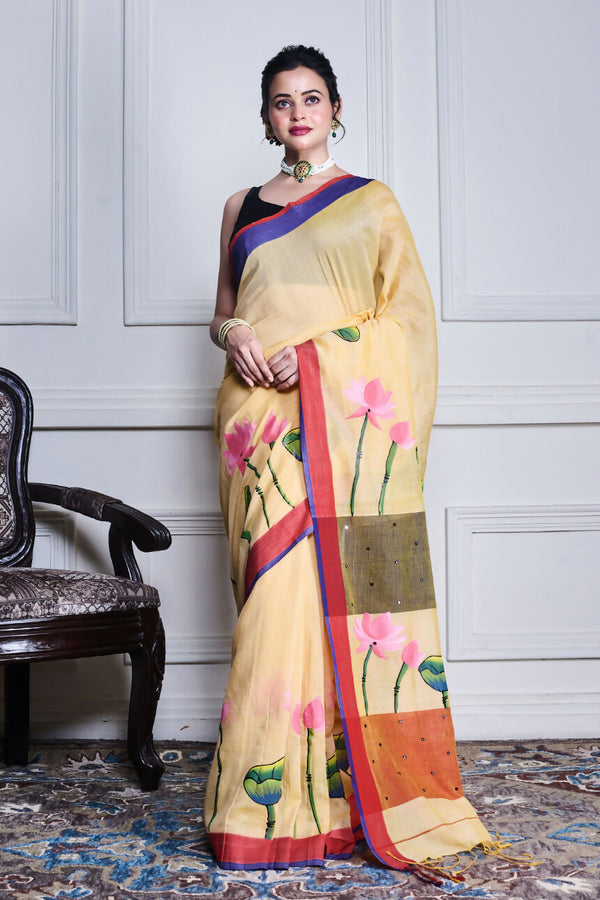 Morchari Multicolour Cotton Handloom Mirror Work Saree Unstitched Blouse