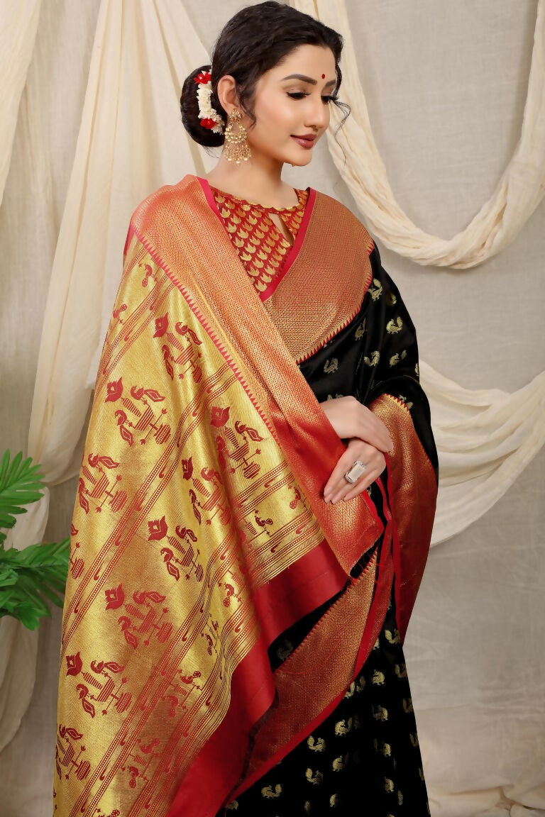Jyoti Fashion Women's Black Banarasi Silk Zari Woven Saree with Blouse - Distacart