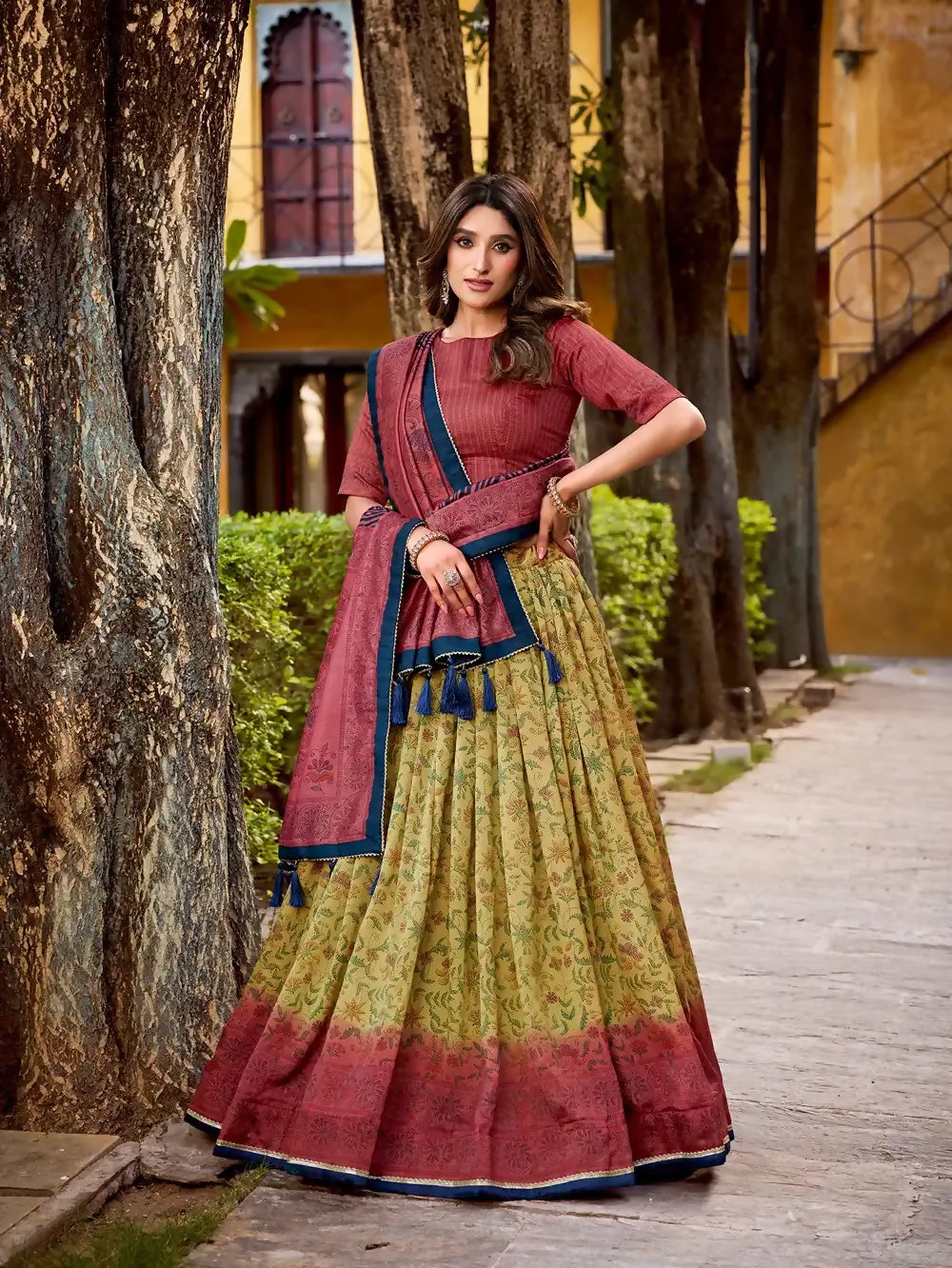 Looknbook Art Classic Vichitra Silk Chaniya Choli with Royal Prints-Beige