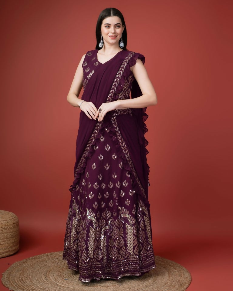 Purple Georgette Sequence Embroidered Lehenga Choli with Dupatta - Tanya - Distacart