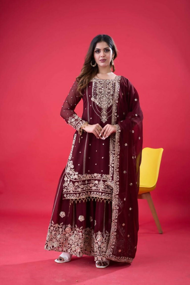 Teeya Creation Maroon Color Faux georgette Embroidery Work Sharara Set