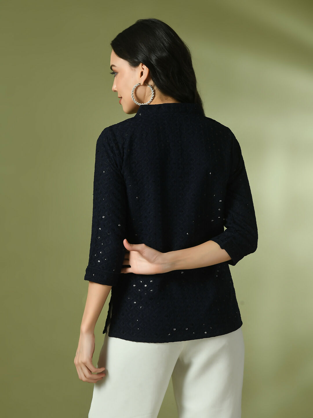 Myshka Women's Navy Blue Embellished Cotton Regular Party Tunic - Distacart