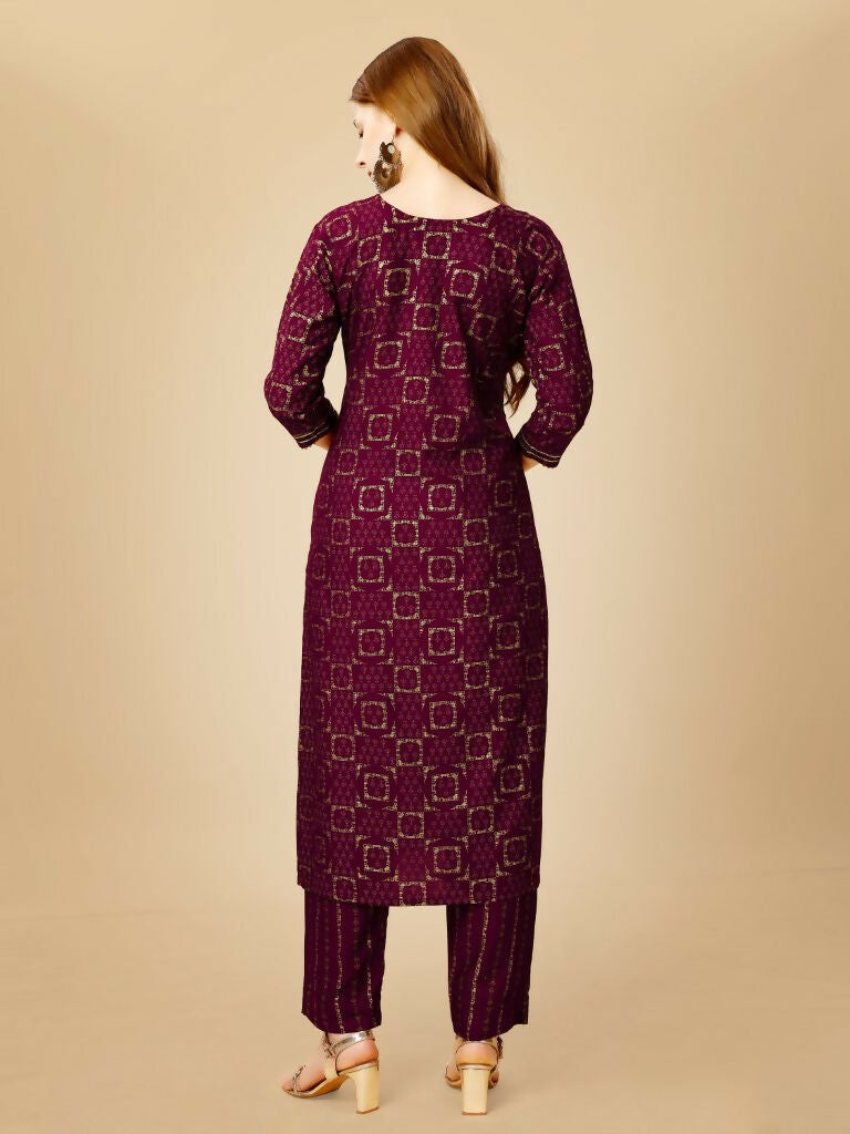 Jyoti Fashion Women's Wine Viscose Rayon Embroidered Kurta Pant Set - Distacart