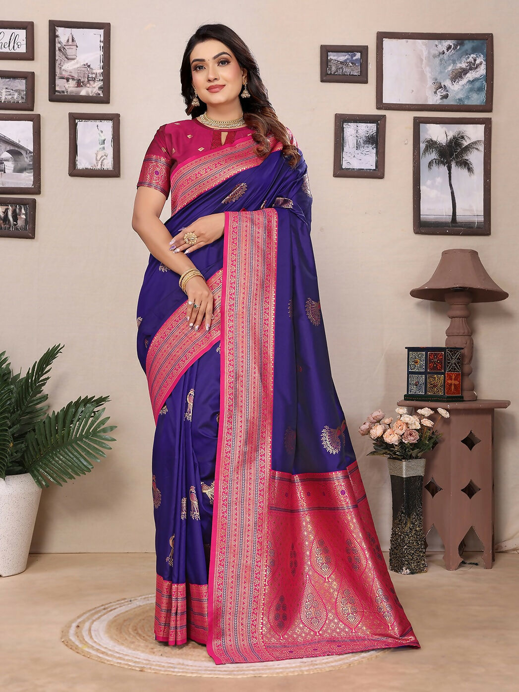 Joban Fashion Banarasi Purple Small Butti Soft Silk Saree