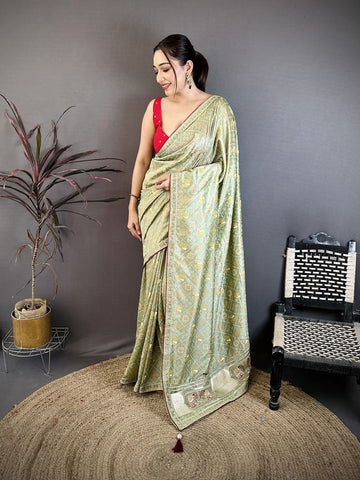 Elora Sage Green Vichitra Silk Animal Motifs Foil Print Sequence Embroidery Work Bandhani Saree - Dista