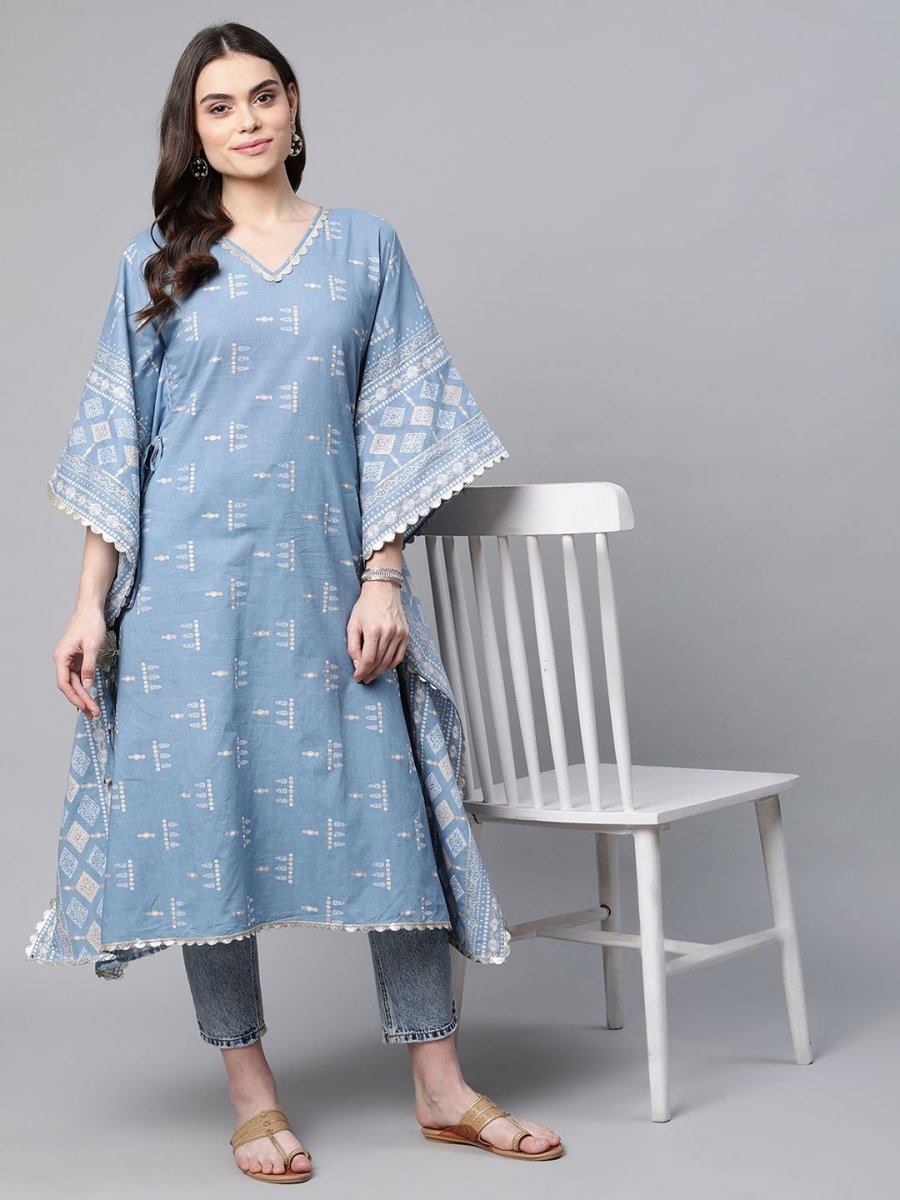 Ahalyaa Beige Pure Cotton Floral Printed Kaftan Kurta - Distacart