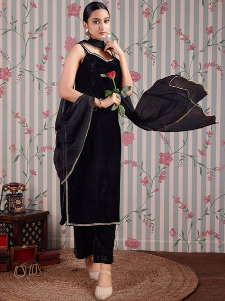 Ode by House of Pataudi V Neck Gotta Patti Velvet Straight Kurta with Trousers & Dupatta - Distacart