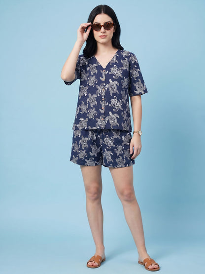 Breathables Woven Cotton Half Sleeves Turtle Shorts Set Blue - Dista