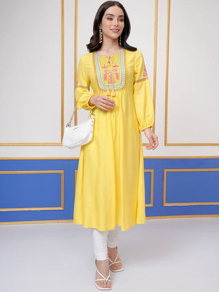 Vishudh Yellow Floral Embroidered Tie-Up Neck Long Sleeves Thread Work A-Line Kurta - Distacart