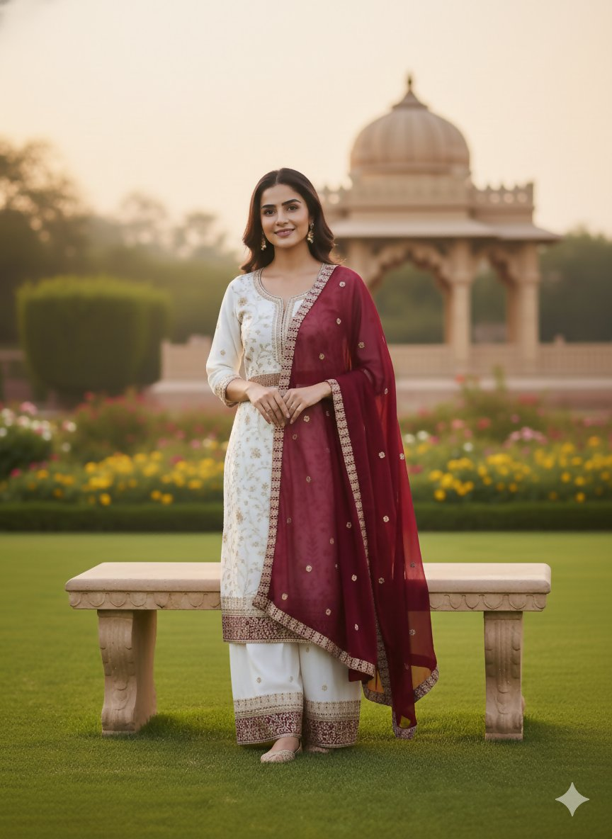 Teeya Creation White Color Faux Georgette Embroidery Work Long Party Wear Palazzo Suit - Distacart