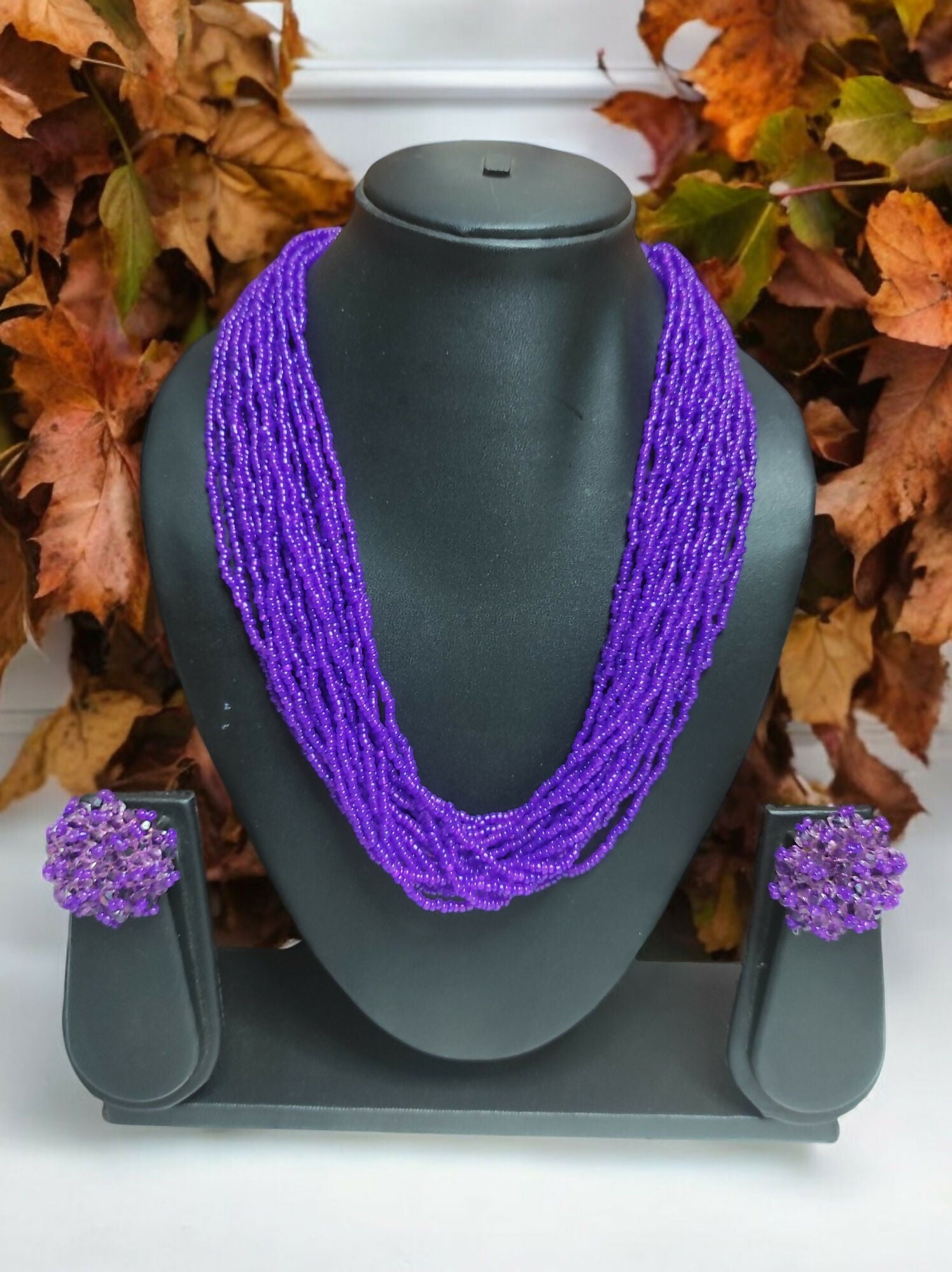 Inhanns Vibrant Handmade 20 Layers Beaded Necklace With Matching Earrings - Purple - Distacart
