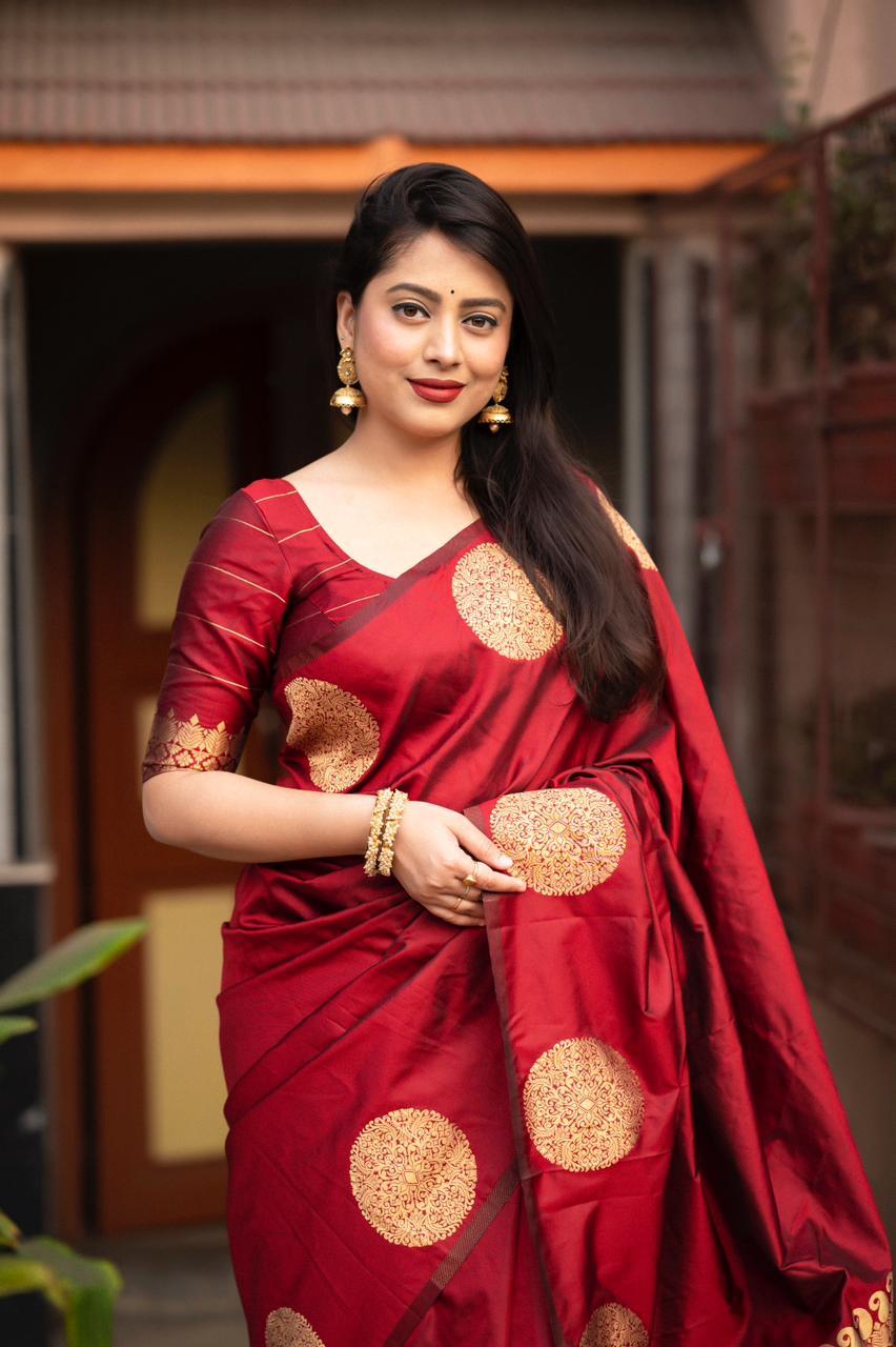 Maroon Silk Woven Saree with Unstitched Blouse - Hiral Fashion - Distacart