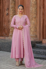 Thumbnail for The52 Pink Women's Gorgeous Vichitra Silk Fabric Embroidered Work Flared Anarkali Pant and Dupatta Set